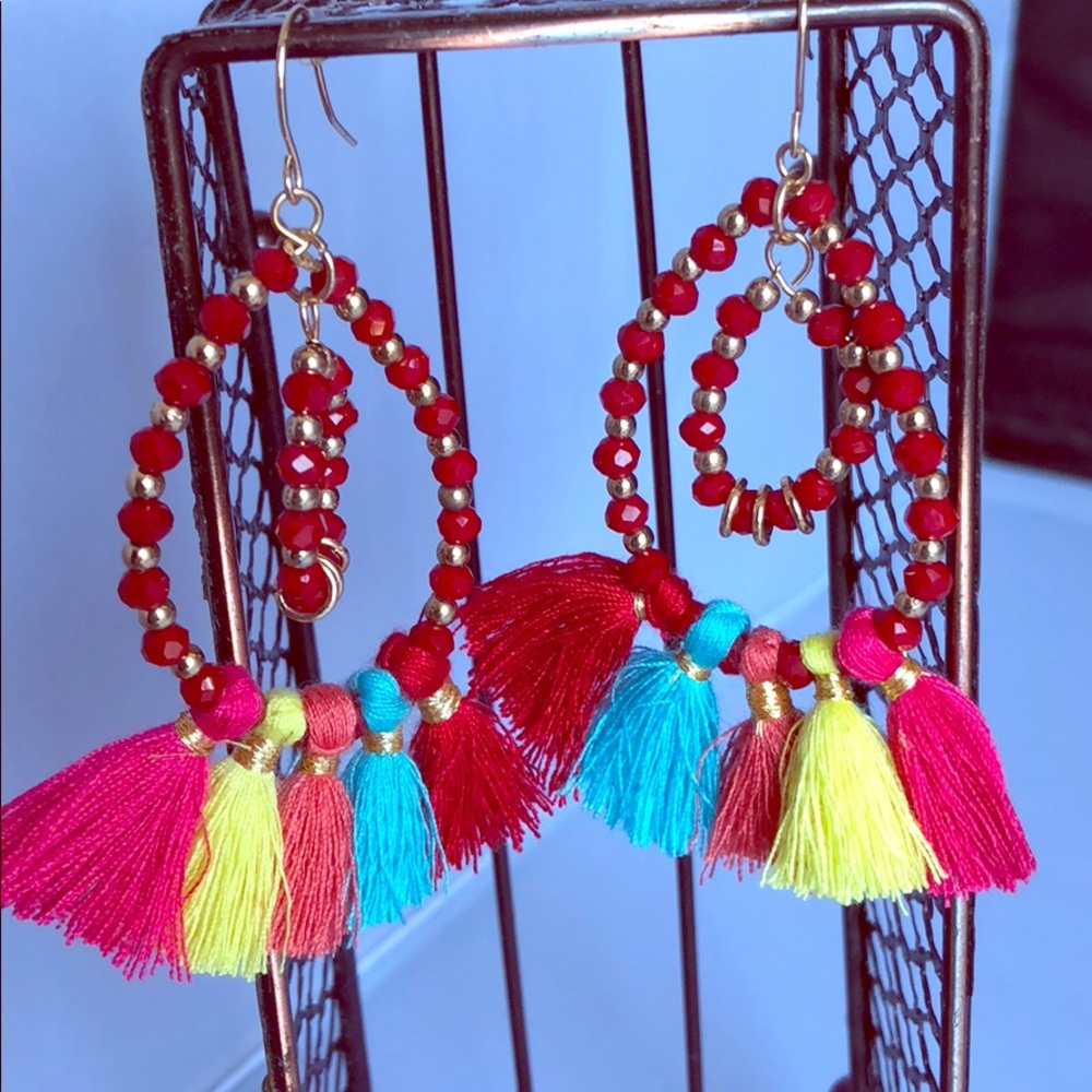 Red bead with multi color tassels earrings